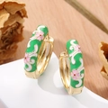 Detail of gold floral hoop earrings with green enamel and delicate hand-painted pink flowers - Green Pink Floral