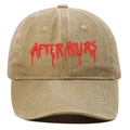 Close-up of red AFTER HOURS embroidery on a khaki washed cotton baseball cap with curved brim - One Size / Khaki