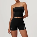Two-piece black yoga set with high waist shorts and contrast stitching details - S / Tank Top + Shorts / Premium Black