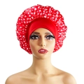 Red wide-band satin sleep cap featuring white star patterns for hair protection - 10877 Red White Star