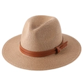 Faltbarer Damen Strohhut Panama-Stil in Khaki mit braunem Lederband und Metallschnalle - M (56-58cm) / Khaki