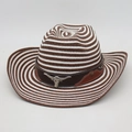 Brown striped western cowboy hat featuring a leather band and silver bull head metal emblem - One Size(56-58cm) / Coffee White Striped (Bull Head + Rope)