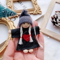 Handmade Christmas doll ornament with grey knit hat, black felt dress, and white braids - Grey Hat Black Skirt Heart Doll (A3)