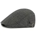 Classic grey herringbone flat cap with adjustable metal side buckle and warm fabric - Adjustable / Gray