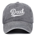 Close-up of high-quality white Dad embroidery on vintage washed dark grey baseball cap - Gray (Dad)