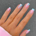 Long coffin press-on nails with pink French tips and blue marble water ripple design - XC-29-41 Pink Blue Marble Water Ripple French