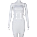 Detail of white ribbed knit two-piece set featuring side drawstring ties on the tube top - S / White