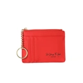 Detail of red pebbled leather card holder featuring three slots and gold keychain ring - Red
