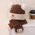 Winter knit baby beanie and scarf set in coffee brown with cute bear embroidery - Children 3-8 Years Stretch / Brown