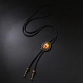 Vintage bolo tie featuring black leather rope and amber glass pendant with golden finish - Antique Bronze Wine Glass Necklace