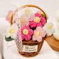 Handmade crochet flower basket with pink and white knitted flowers in rattan pot - 9 Pink Puff Flowers Basket