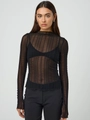 T-shirt sexy nera trasparente a maniche lunghe da donna in tessuto strutturato slim fit - S / Nero