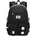 Black multi-pocket student backpack with stylish badges and high-capacity nylon design - Bare Bag / Black