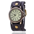 Vintage punk style quartz watch with wide brown leather cuff strap and bronze case - Black