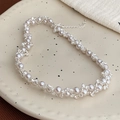 Elegant white pearl and crystal beaded necklace with spiral weave and adjustable chain - Choker Necklace / Silver-Pink
