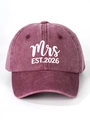 Detailed close-up of Mrs EST.2026 print on vintage washed burgundy cotton baseball cap - Adjustable / MRS / Burgundy