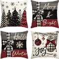 Set of 4 Christmas pillow covers with red and black buffalo plaid trees and snowflakes - Winter Hello Mix