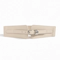 Beige wide elastic waist belt with silver metal double ring buckles for dresses - 19680 Beige