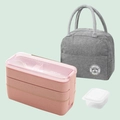 Three-layer pink 900ml eco-friendly lunch box with panda thermal bag and sauce container - Triple Layer Set-Pink (Box+Bag+Sauce Cup)