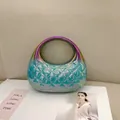 Iridescent candy color acrylic clutch bag with diamond lattice pattern and round handle - Mermaid Blue