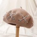 Khaki cashmere beret with punk style metal chains and gold studs decoration - One Size / Khaki