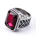 Vintage stainless steel ring with large rectangular red gemstone and engraved details - US 7 / Retro Steel Base Rose Red Gemstone