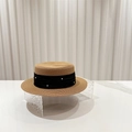 Macro detail of natural straw boater hat with black ribbon and embedded white pearls - M (56-58cm) / Khaki (Pearl Ribbon with Label)