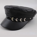 Close-up of black PU leather military cap featuring a silver arrow metal buckle detail - One Size 58cm / Black Rippled Style