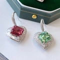 Silver drop earrings with pink and green heart-shaped gemstones and pave white diamonds - White Gold Plated Copper / Stud Earrings (Pair)