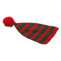 Festive red and green striped knit Christmas beanie with a large red pom-pom topper - Red Green Narrow Striped Style With Red Ball (F)