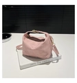 Dettaglio della borsa a tracolla in camoscio rosa con fibbia in metallo dorato su libro - Rosa