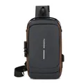 Men's anti-theft sling bag in dark grey and brown with USB port and combination lock - Black with Gold / Black