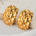 Polished gold stainless steel oval earrings with segmented wave texture on stone - Wavy Textured Rectangular Style (E791)