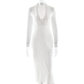 Elegant white deep V-neck long sleeve slim fit evening gown dress displayed on a mannequin - S / White