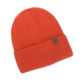 Macro detail of the bright orange ribbed knit texture and brown leather logo patch on the hat - One Size / Orange