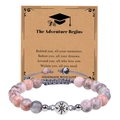 Pink and grey marble stone beaded bracelet with silver compass charm on a graduation card - Adventure Begins / Pink Zebra Stone