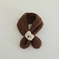 Detail of dark brown knitted kids scarf with a cute plush bear head on the cross strap - Small Animal Style / 60-80cm / Brown