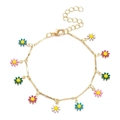 Macro detail of gold daisy bracelet showing colorful enamel petals and adjustable chain - Mixed Color Daisy (Gold Tone)