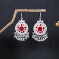 Bohemian silver drop earrings with red stones and beaded tassels on a branch - Silver
