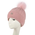 Bonnet en tricot rose pour femme avec pompon en fausse fourrure et lettre M en strass - L(58-60cm) / Rose