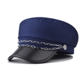 Detail of navy fabric military cap with silver metal chains and black PU leather brim - M (56-58cm) / Navy Blue with Silver Chain