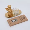 Nordisches Goldengel-Skulptur-Set mit Glaskronen-Kerzenhalter und Metalltablett - Transparenter Kronenhalter + Betender Engel Junge (Gold) Set