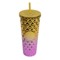 Pink and gold gradient durian straw cup with geometric diamond texture and yellow straw - Electroplated Gradient Yellow Pink