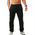 Men's loose breathable cotton linen drawstring casual pants in black solid color - S / Black