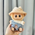 Labubu doll in blue denim overalls and beige bucket hat accessory for vinyl plush - White T-shirt + Denim Overalls + Bunny Hat / First And Second Generation Keychains Are Compatible With La Cloth Dolls. Dolls Not Included.