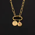 14K gold plated stainless steel necklace with crystal letter N and flower charms - Gold / Letter N