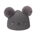 Berretto in maglia grigio scuro per bambine con due pompon e simpatico viso d'animale - 52-54cm / Grigio