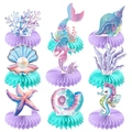 Mermaid party decorations with 3D honeycomb base featuring coral and seashell designs - Mermaid Honeycomb Centerpieces