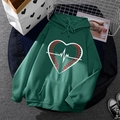 Unisex dark green fleece hoodie with heart baseball print and white drawstring details - S / Tops / Dark Green
