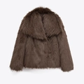 Detail view of the thick plush faux fur texture on this brown cropped lapel jacket - XS / Camel